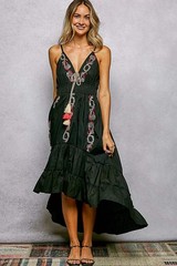 POL 100% Cotton Black Boho Embroidered Tassel Tie Smock Hi-Low Tiered Cami Dress