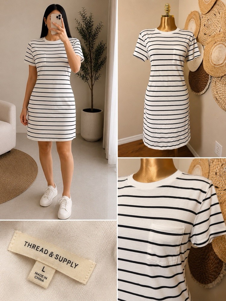 Thread & Supply Off-White Black Striped Knit T-Shirt Shift Dress Pocket L