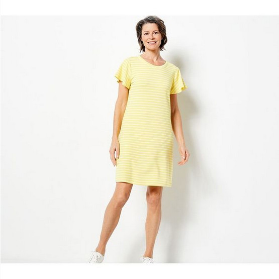 Candace Cameron Bure Flutter-Sleeve T-Shirt Dress-Sunshine Stripe-XL-A488169
