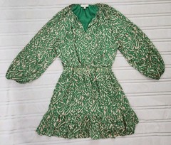 PINCH Women&rsquo;s Dress Size M Medium Blouson Green/Beige V Neck Balloon Long Sleeve