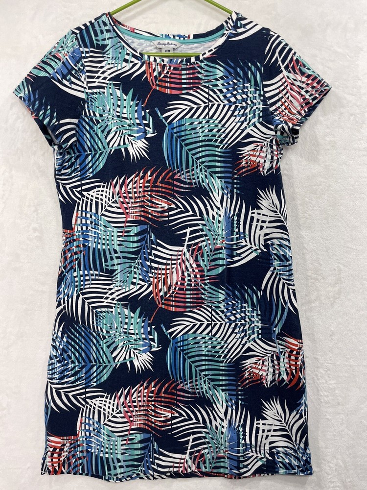 Tommy Bahama Tropical Floral Leaf T-Shirt Dress Women M Cotton Stretch Blue Pink