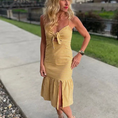 Saylor Mustard White Striped Midi Slip Dress XS Bodycon Vacation Bow Pinup $200