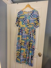 Jennifer Moore Light Blue, Aqua & Yellow Patchwork Print Midi Dress Size Large