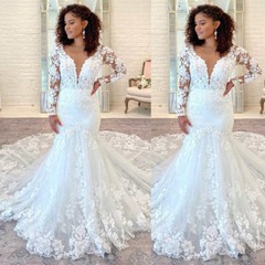 Lace Mermaid Wedding Dresses Long Sleeves V Neck Applique Bridal Gowns Customed