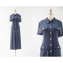 90s vtg navy blue polka dot loose oversized chiffon maxi dress