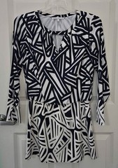 Annie Griffin White & Navy Long Sleeve Geometric Short Silk Dress Small
