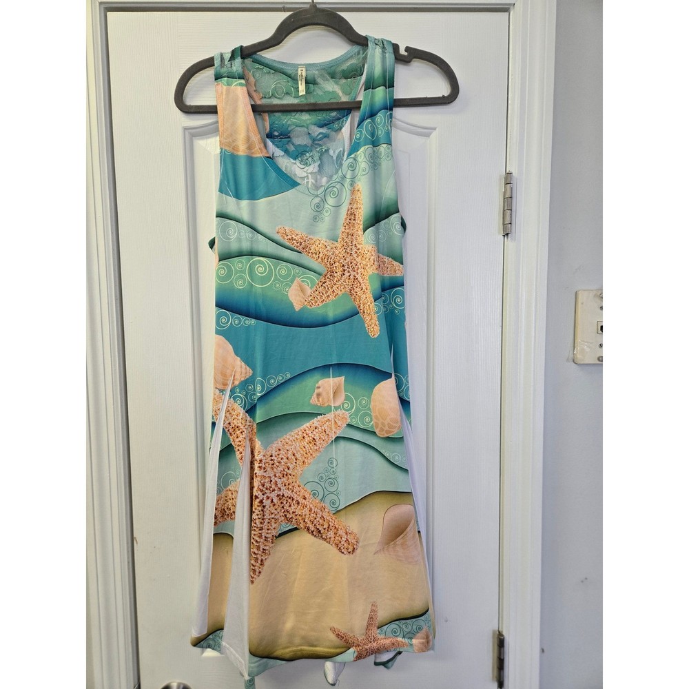 Starfish Ocean Print Lace Back Mini Dress Blue Green One Size Resortwear Beach