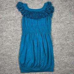 Women&rsquo;s Teal Blue Knit Dress Shag Fringe Trim Smocked Boho Tunic Small