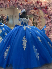 Luxury Royal Blue Quinceanera Dress Sweet 15 With Bow Glitter Applique Ball Gown