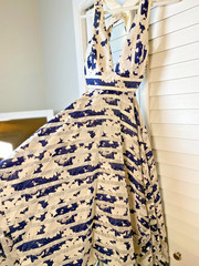 ALEXIS Glam Cut Out Midi Dress Blue White Stripe Asymmetrical Luxe $715 | Med