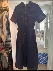 Vintage Inspired Blue Midi Shirt Dress | Elegant Collared Button Front Belted M