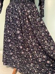 Vintage 90s Rayon Dress Blue Floral Midi Buttons Drop Waist Womens Size M L