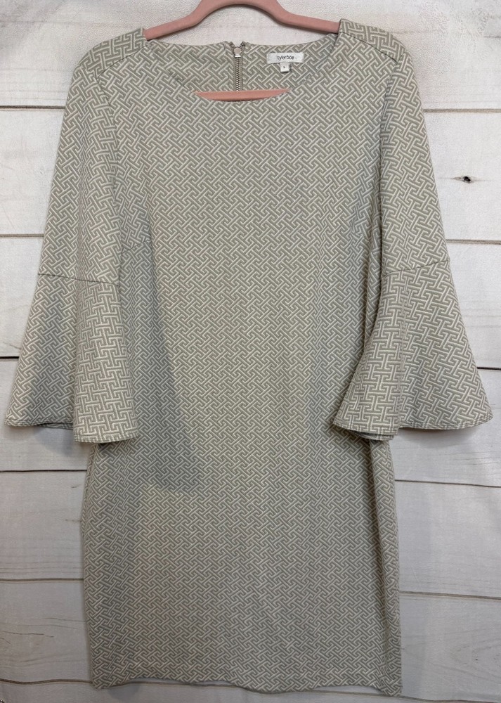 Tyler Boe L Dress Bell Sleeves Cream Beige Print Winter Date Night Chic Classic