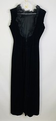 Vintage 70s Old Money Black Tie Velour Velvet Open Back Lace Gown Dress USA 10