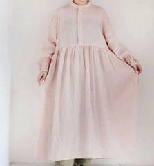 ICHI Antiquites Linen Band Collar Shirt Long Dress Pullover Pink NearMINT