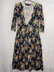 Vintage Floral Lace Bib Midi Dress L Cottage Navy Blue Green Red Rose USA 80s