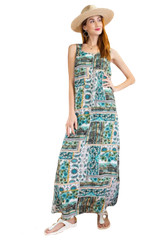 SIZE S/M EASEL AQUA Patchwork Print Poly Crepe Loose Fit Maxi Dress BHCS