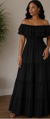 SHEIN Women’s Black Solid Off Shoulder Smocked Ruffle Tiered Maxi Dress 2XL