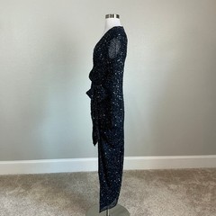 Mac Duggal 10558 Navy Blue Evening Gown Sequined Long Sleeve Column Dress Size 6