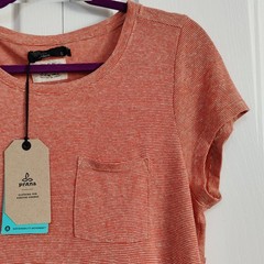 NWT prAna Women S Elana T-Shirt Dress Coral Pink Striped Hemp Tencel Cap Sleeves