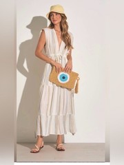 ELAN White Aqua Stripe Deep V-Neck Maxi Dress