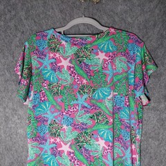 Stella Parker Dress L Pink Short Sleeve Resort Coastal Sea Shell Starfish Tassel