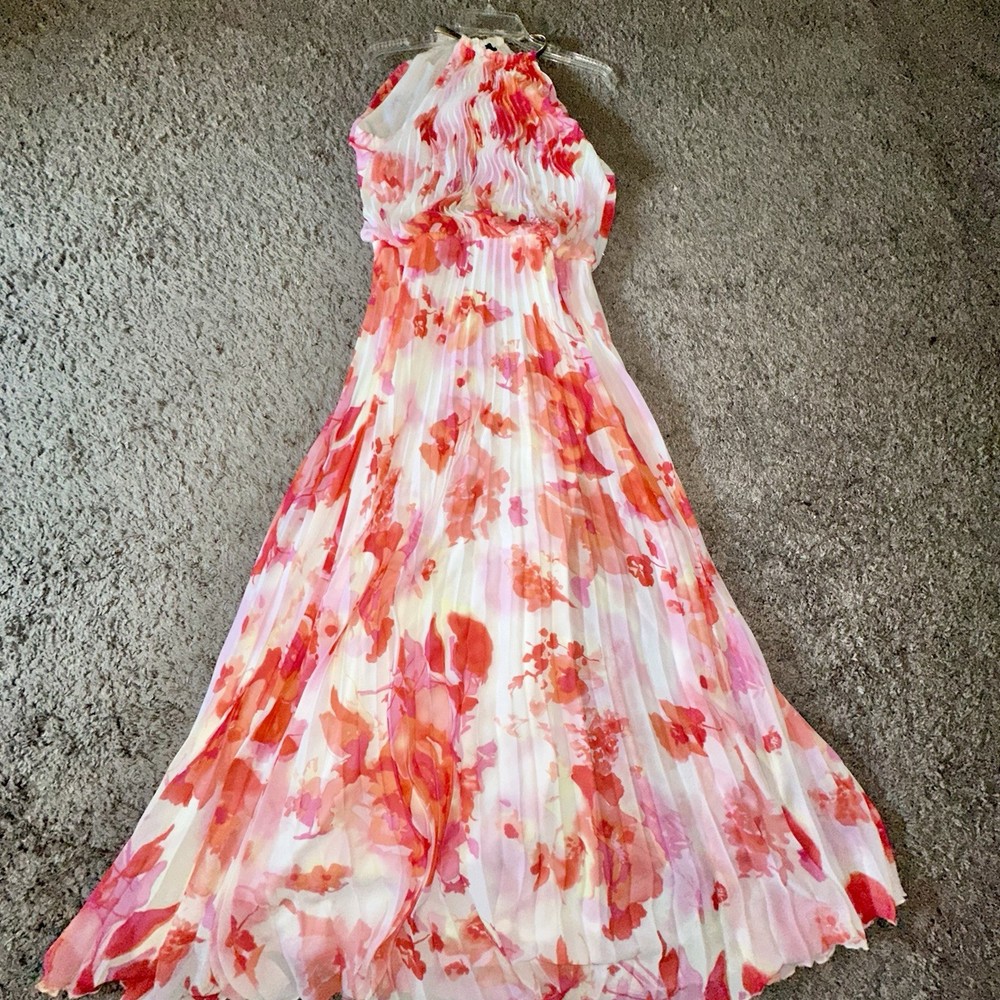 MSK Ladies Sz 14 Floral Chiffon Halter Maxi Dress Pleated Lightweight Lined
