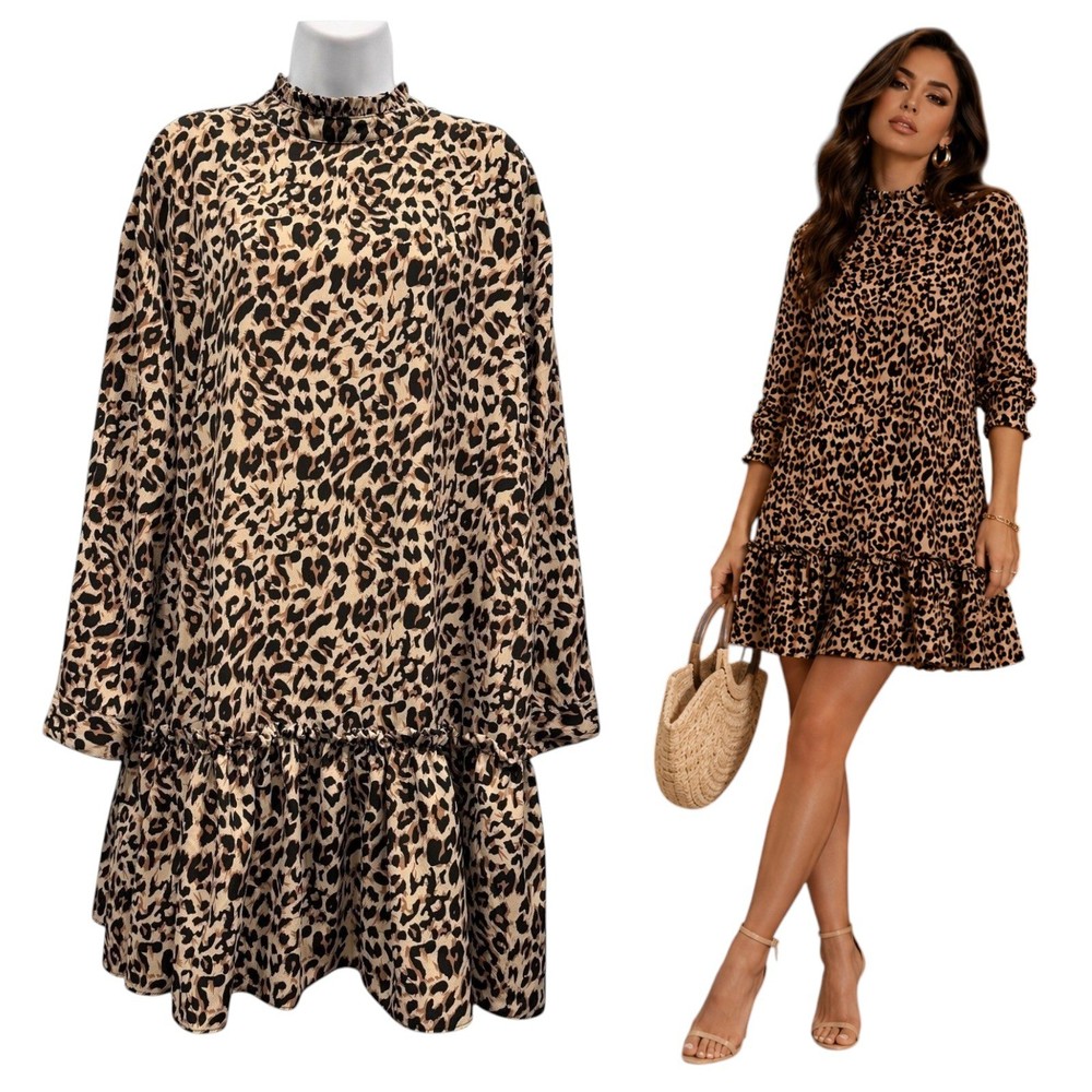 ASOS Animal Print Mini Dress Drop Waist Ruffle Hem Mob Wife Edgy Glam Size 8