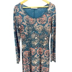 Peruvian Connection Ming Teal Dragon Cloud Print Cotton Lycra Midi Dress M