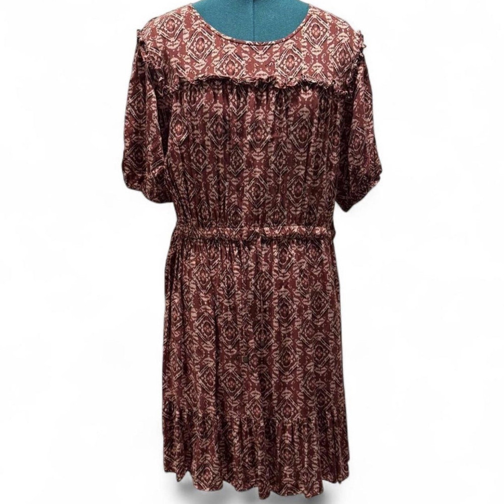 maurices Women’s Burgundy Geometric Round Neck Short Sleeve Fit & Flare Dress L