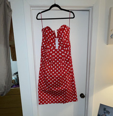 Rêveuse Women&rsquo;s Polka Dot Strapless Sweetheart Bodycon Midi Dress L Red White