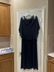 Alex Evenings Navy Chiffon Gown Round Neck Cold Shoulder Rhinestone Long 16