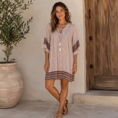 Soieblu boho floral mini dress swim cover-up Large Beachy festival