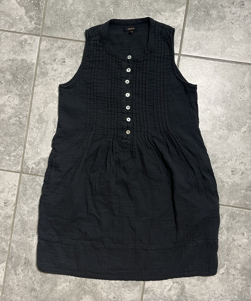 Quince 100% Organic Cotton Gauze Sleeveless Swing Button Dress Pockets Black S