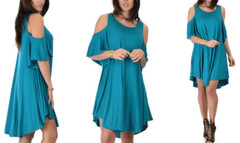 NEW! LYSS LOO SUN KISSED SHOULDER TUNIC DRESS TEAL SIZE S/M USA MADE!