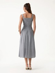 Oglmove, Women – Striped Poplin Square Neck Smocked Midi Bra Dress,Free Shipping