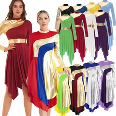 US Womens Liturgical Praise Dance Dress Asymmetrical Color Block Worship Costume
