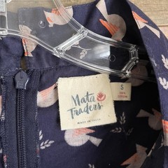 Matta Traders S Navy Bird Print Cotton Fit & Flare Shirt Dress Bow Pockets