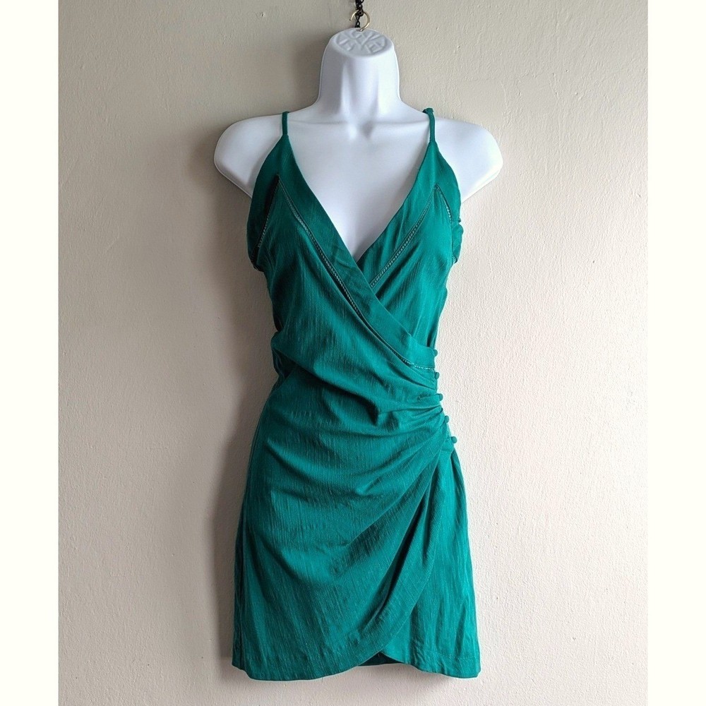 Free People Dylan Mini Slip Green Ruched Wrap Plunge Neck Spaghetti Strap Size S