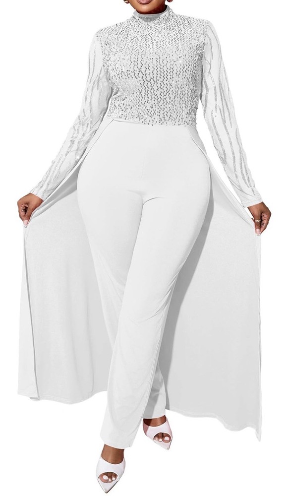 VERWIN White Sequins Jumpsuit Dress Overlay Elegant Fashion Wedding Sz M New #B