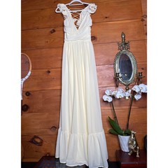 NWT Lulus Soiree Celebration Light Yellow Ruffled Lace-Up Maxi Dress Tiered S