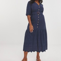 JOE BROWNS Dress Belted Button up Midi Dress Navy Blue Embroidered Ladies 612