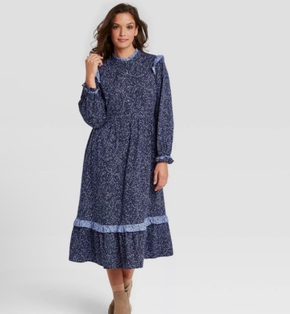 Universal Thread Long Sleeve A-Line Floral Midi Dress Navy Ruffle Button Small