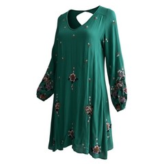 Free People Boho Swing Green Embroidered Mini Dress Long Sleeve V-Neck Medium