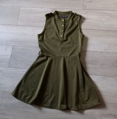 Missguided Khaki Green Stretch Flared Dress Utility Casual Feature Buttons UK10
