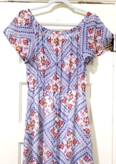 Maurices sz SMALL LONG BOHO Peasant Dress Blue Red Yellow Beige Hi Low Hem EUC