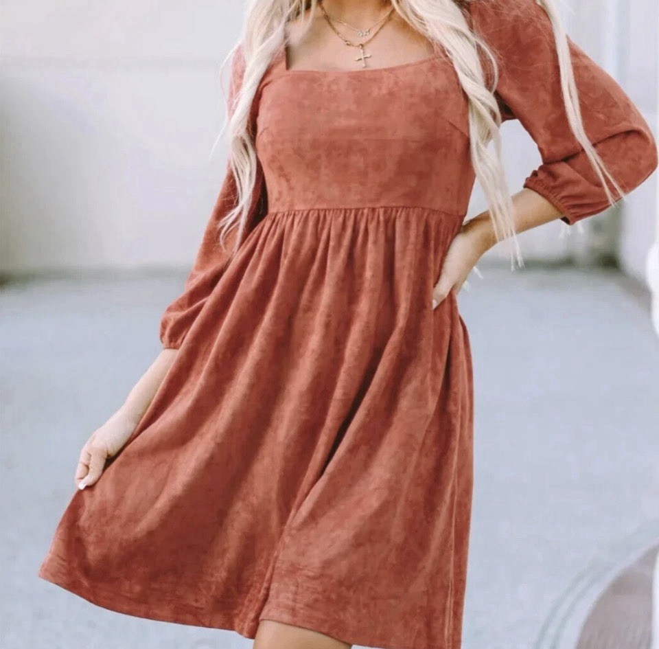 Bohemian Babydoll Dress Sz Medium Burnt Orange Suede Square Neck High Waist NWT
