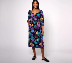 AnyBody Women’s Dress Sz PM Daydreamer Knit Printed Smocking Black Floral