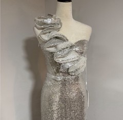 Mac Duggal Silver Sequin One-Shoulder Ruffle Long Maxi DressWomen’s Size 4 68513