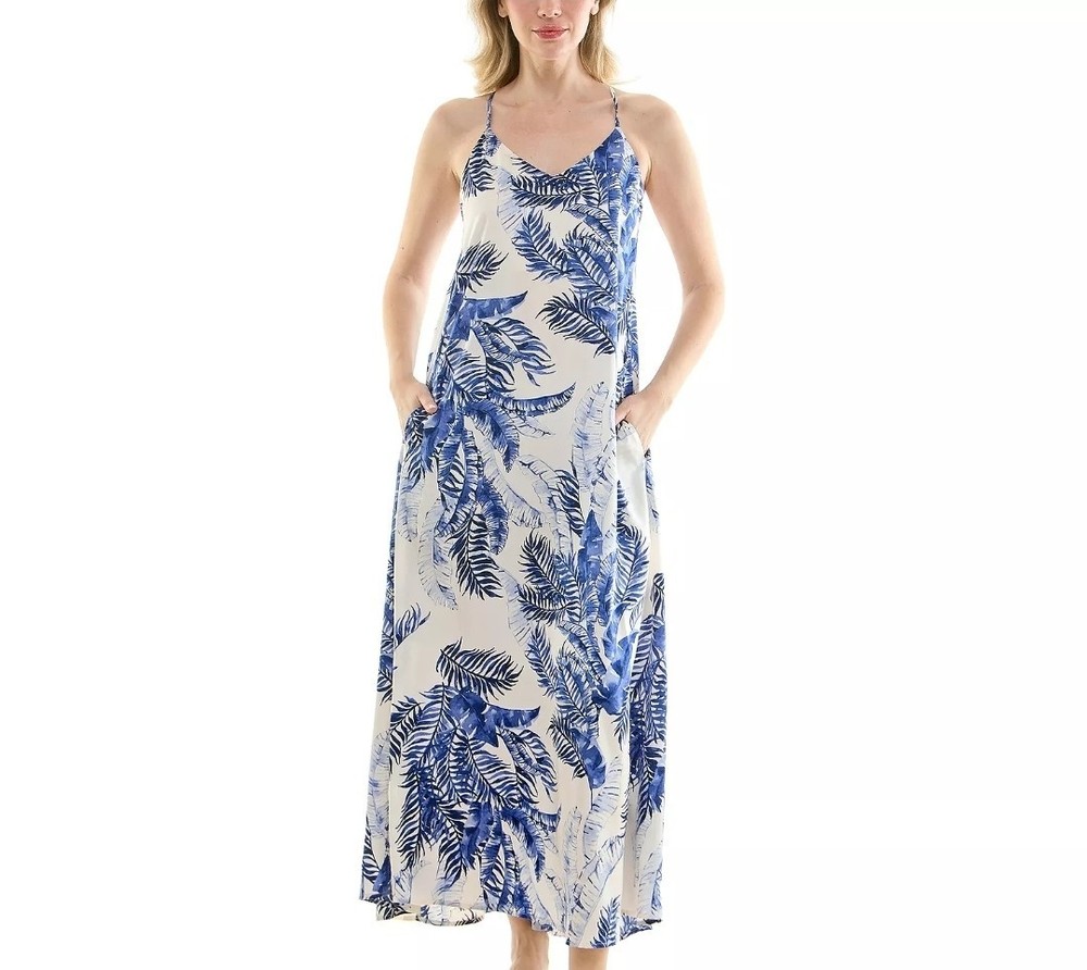 Nicole Miller White/Blue Tropical Floral Palm Fronds V-Neck Maxi Dress M